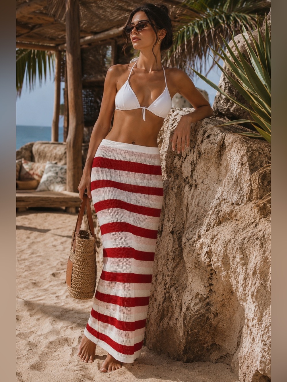 Runaway The Label Red White Stripe Knit Maxi XS Skirt Coastal Euro Summer NWT